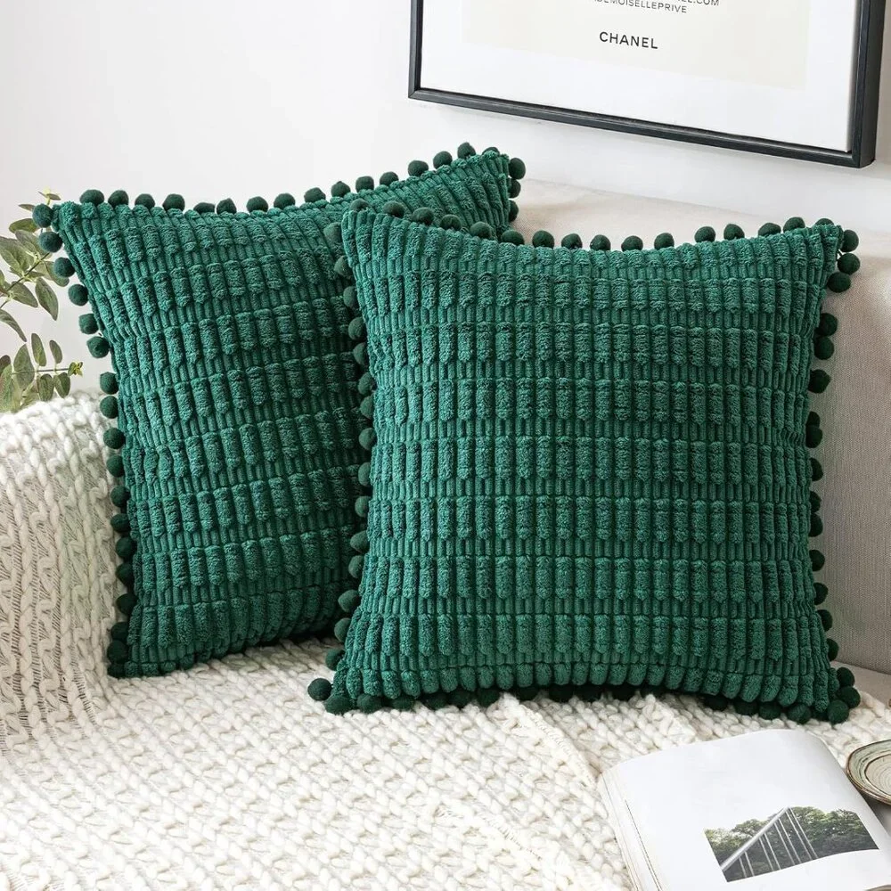 Square Chenille Pillow Cover with Pom Pom Detail Throw Pillow Slipcover Green